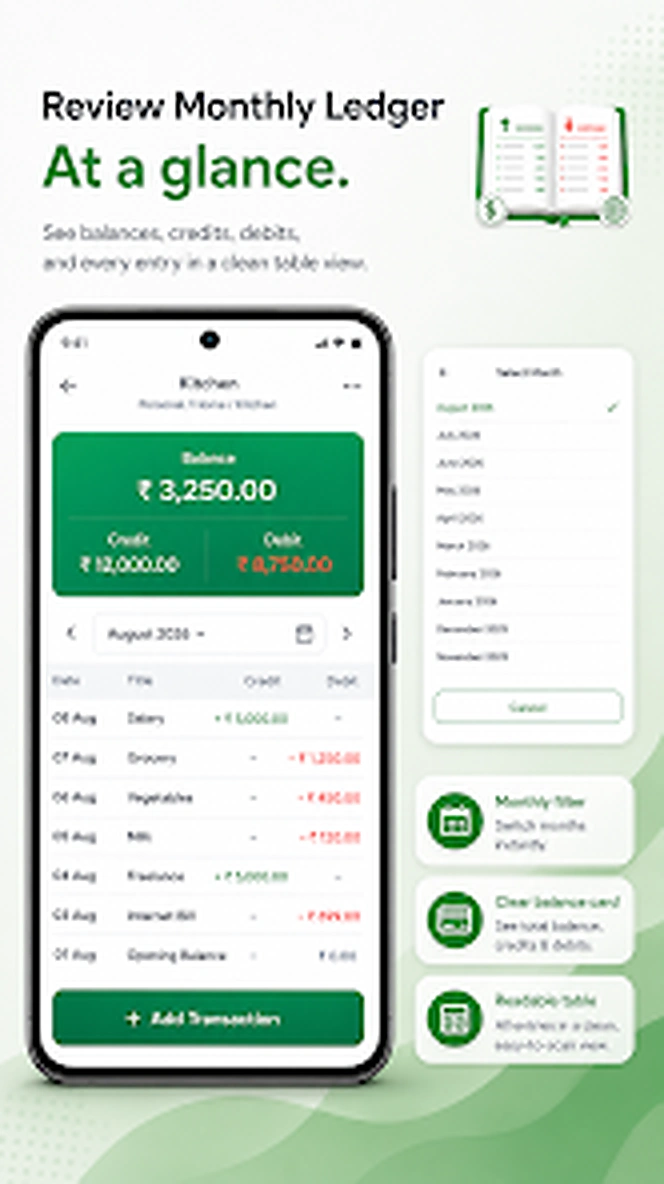 Monthly expense ledger and balance summary