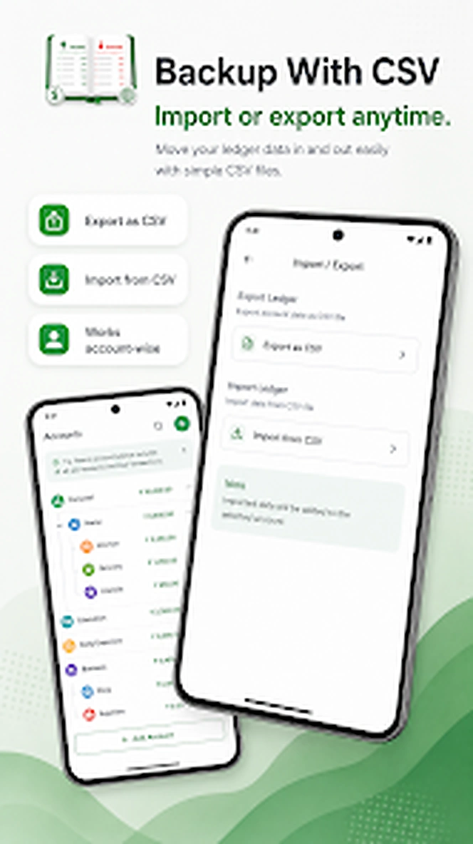 CSV import and export backup for money ledger